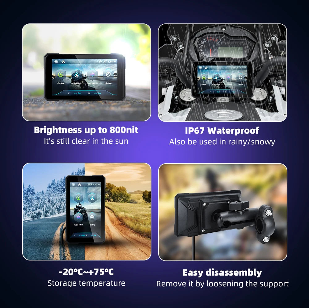 5" Smart Motorcycle Display, Wireless CarPlay & Android Auto, IP67 Waterproof